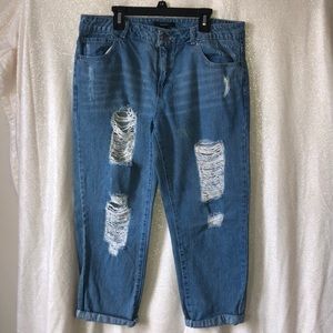 Cropped, distressed, mid-rise jeans